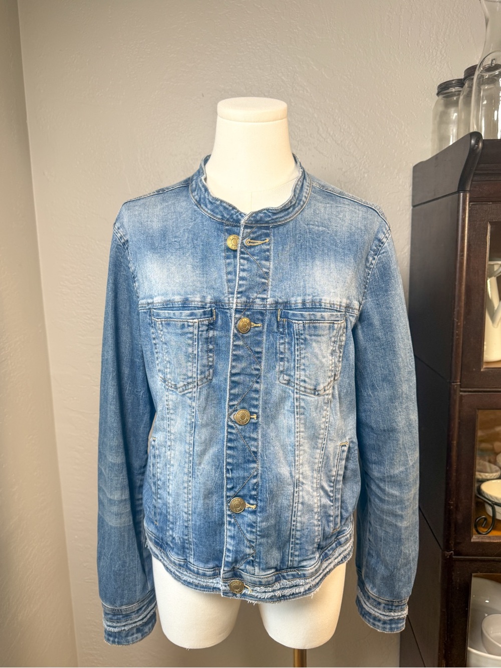 JAG Denim Jacket Distressed Collarless Jean Jacket Size M
